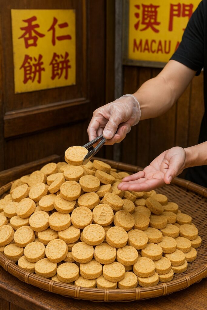 マカオ名物の杏仁餅(アルモンドクッキー)。素朴な見た目だが香ばしくて優しい甘みが魅力。現地では写真のように焼き立てを試食させてくれる店も多い