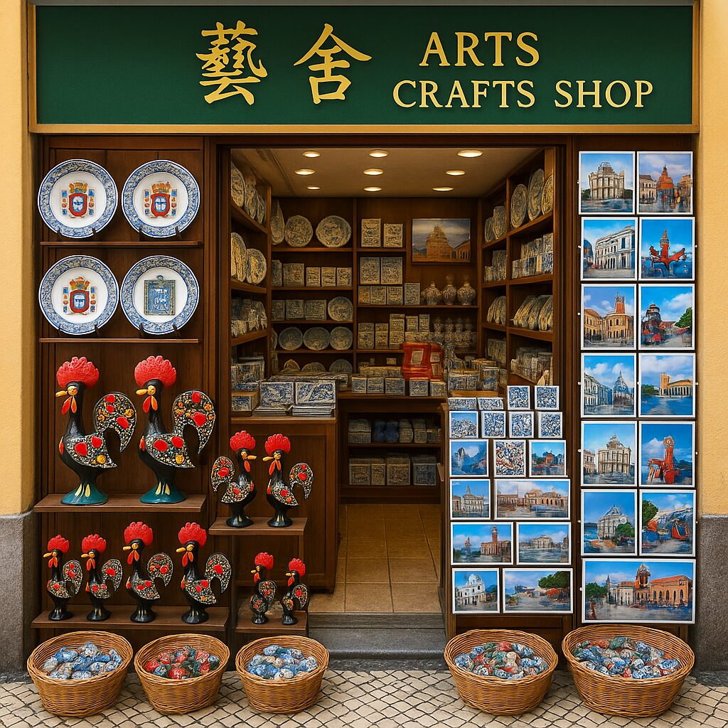 セナド広場近くの老舗土産店「藝舍(Arts & Crafts Shop)」の店頭。ポルトガル紋章入りのお皿やガロの置物、マカオの写真ポストカードなど「マカオらしいお土産」が幅広く並んでいます