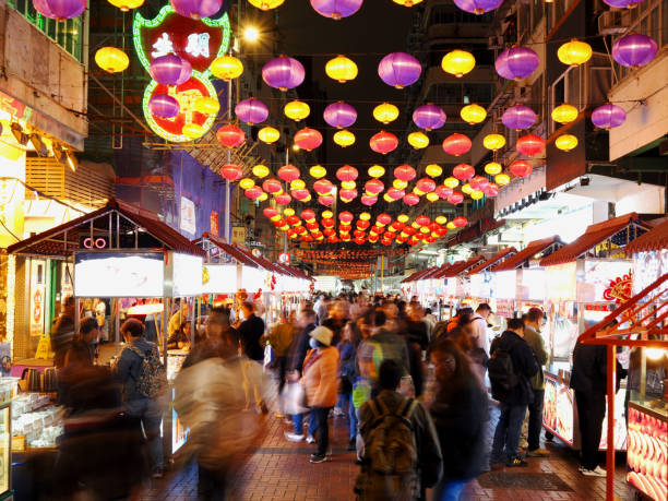 Temple Street Night Market Hong Kong at night